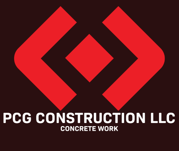 Logo for PCG Construction LLC, designed by Dooley Designs, featuring bold red geometric shapes forming a diamond pattern above the company name in white text. Below, CONCRETE WORK is written in smaller white letters for this Business Spotlight. -WorkIT Coworking Center