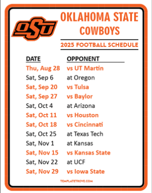 Oklahoma State Football 2025 schedule listing game dates and opponents, including UT Martin, Oregon, Tulsa, Baylor, Arizona, Houston, Cincinnati, Texas Tech, Kansas, Kansas State, UCF, and Iowa State. See the full 2024 football schedule too. -WorkIT Coworking Center