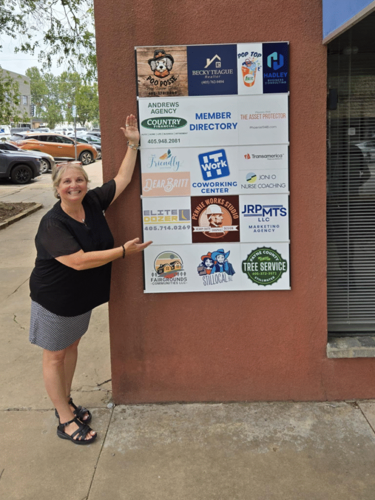 A smiling woman in a black shirt and skirt stands on a sidewalk, pointing with both hands at an After Hours wall-mounted directory board displaying various business logos and names. Cars and trees are visible in the background. -WorkIT Coworking Center