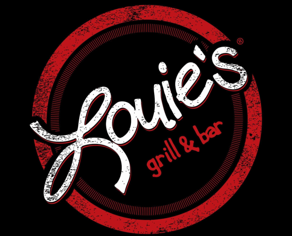 Logo for Louie’s Grill & Bar. The word Louie’s is written in large, white cursive letters with “grill & bar” in smaller, red print below it, all centered inside a distressed red circle on a black background—a real Neighbor-in-the-Know vibe. -WorkIT Coworking Center