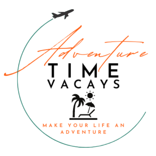 Logo for Adventure Time Vacays featuring an airplane, a curved flight path, palm tree, sun, and beach chair icons—perfect for your next Lunch & Learn or the trip you dreamed of last month. Tagline: Make your life an adventure in orange and black text. -WorkIT Coworking Center