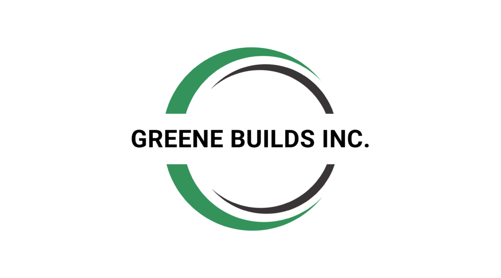 Business Spotlight: Logo for Greene Builds Inc. featuring the company name in bold black text centered within a circular design, with green and black arcs partially surrounding the text on a white background by JRPMTS LLC. -WorkIT Coworking Center