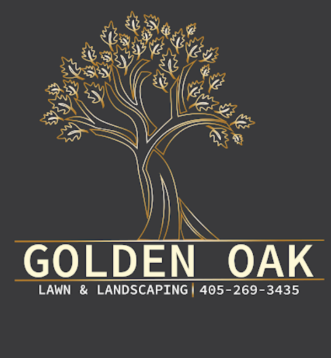 Logo for Golden Oak Lawn & Landscaping, featured in a business spotlight by Greene Builds Inc, displaying an outlined oak tree above bold yellow text and the phone number 405-269-3435 on a dark background. -WorkIT Coworking Center