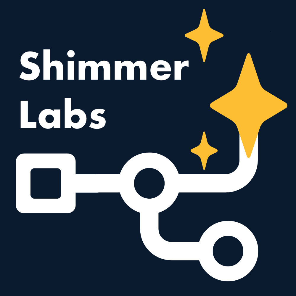 Shimmer Labs logo with white interconnected nodes and yellow sparkles on a dark blue background, highlighted in a business spotlight, with the words Shimmer Labs in bold white text. -WorkIT Coworking Center